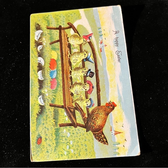 Vtg 1917 Postcard Anthropomorphic Chicks Rooster on Bench Colored Eggs Bucolic - Picture 7 of 9